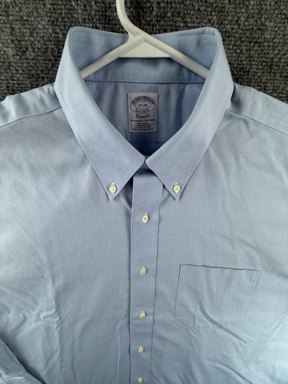 Brooks Brothers Button-Down Cotton 17 34 Non-Iron Classic Blue Solid Preppy Men